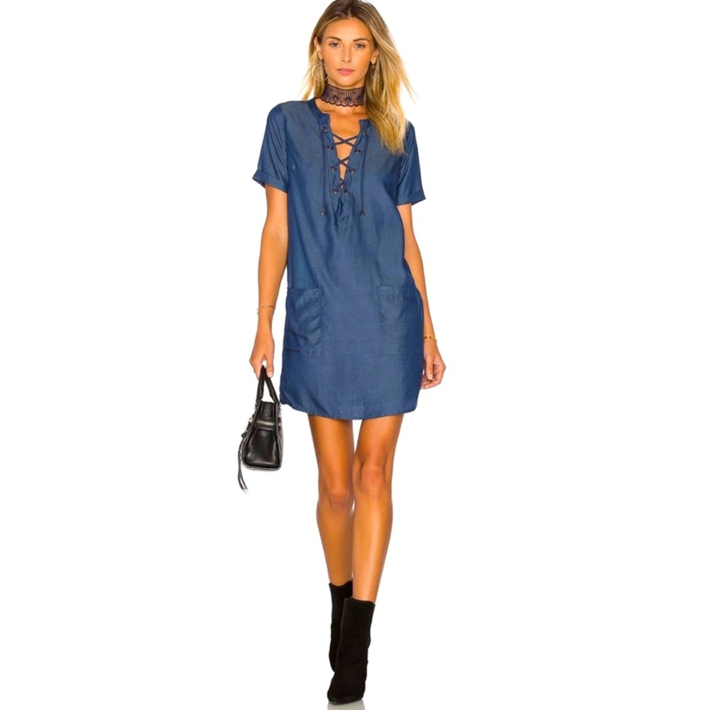 Lovers + Friends Lace Up Denim Dress Size XS Revolve Boho Chic Rodeo Casual